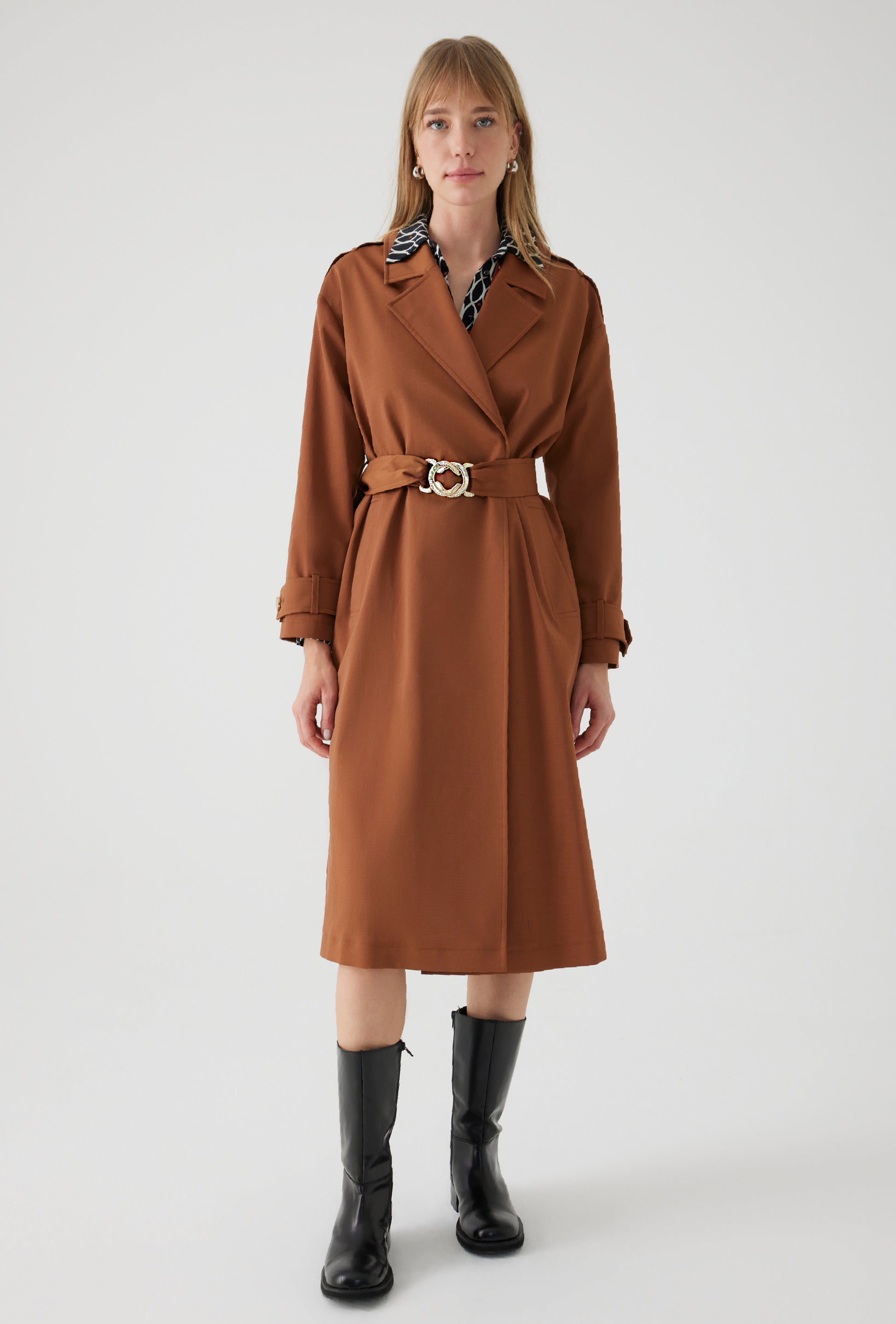 brown trench jacket oversized belt with gold hardware