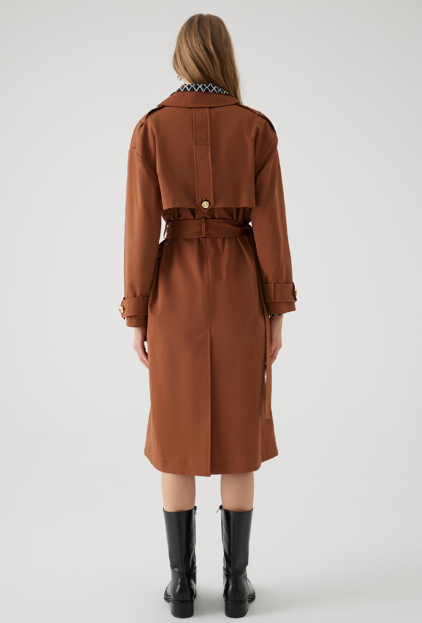 brown trench jacket oversized belt with gold hardware