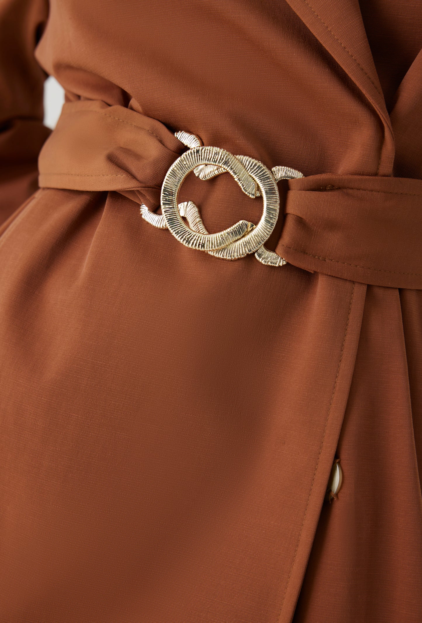 brown trench jacket oversized belt with gold hardware