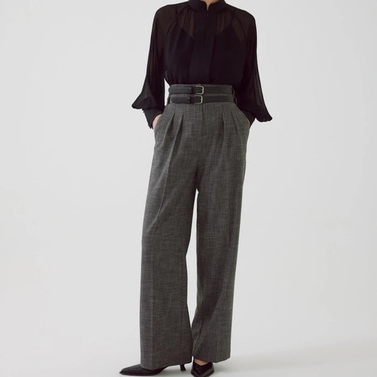 high waisted gray pleated slacks with double black belt