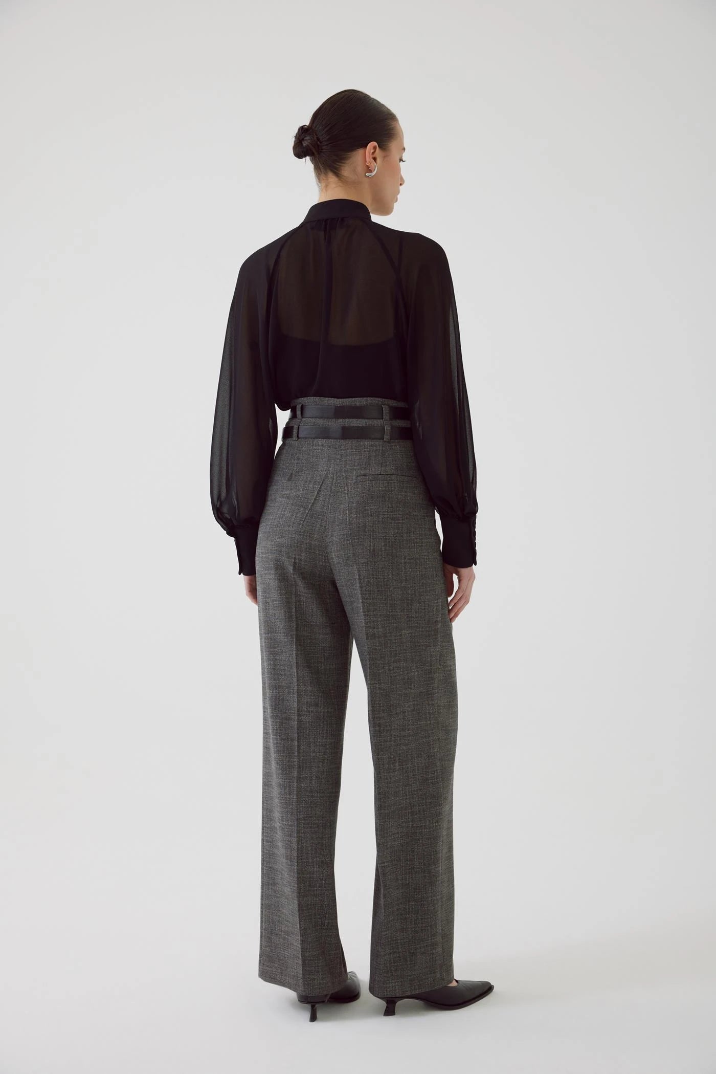 high waisted gray pleated slacks with double black belt