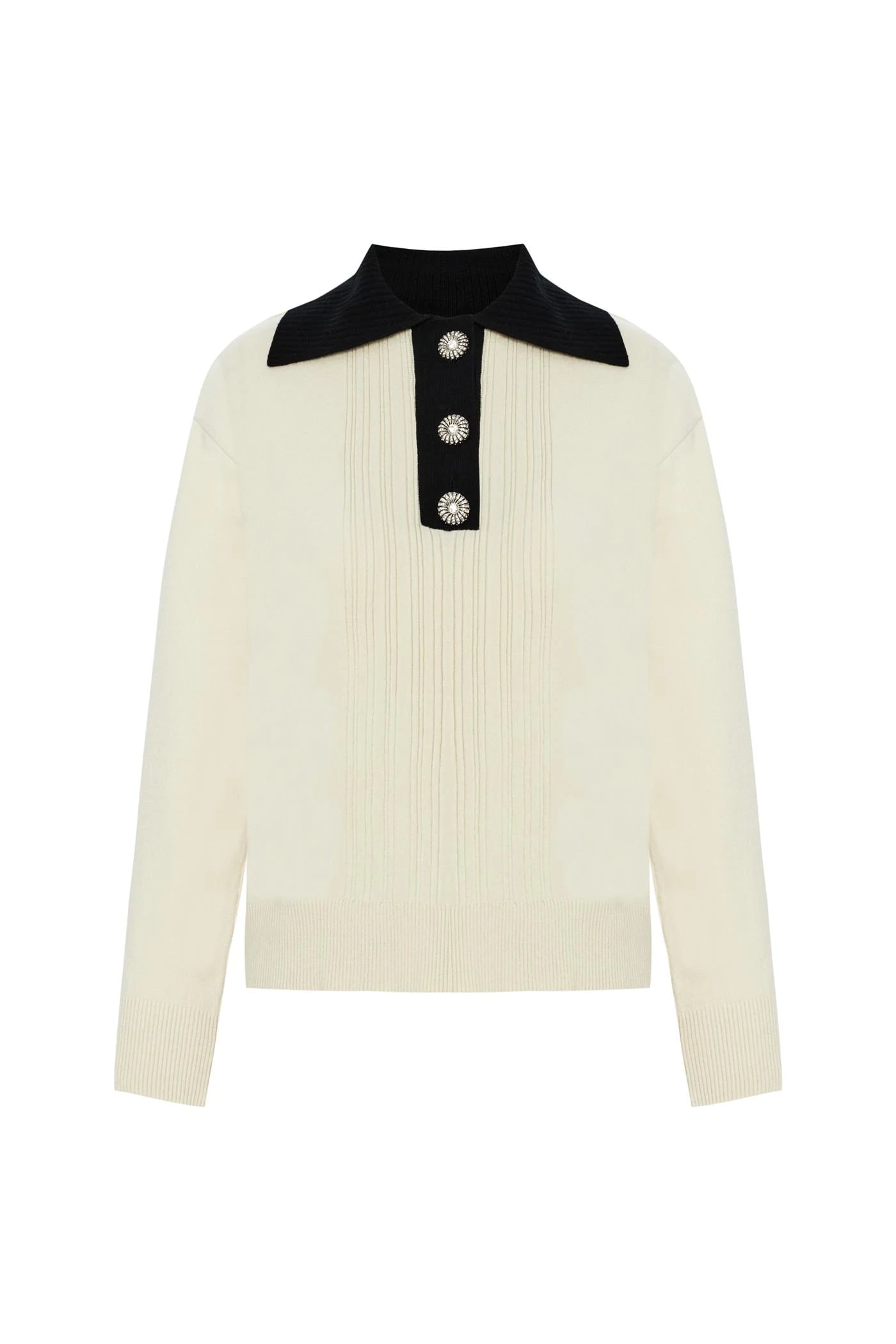 ivory knit pullover with black contrasting collar and bejeweled buttons