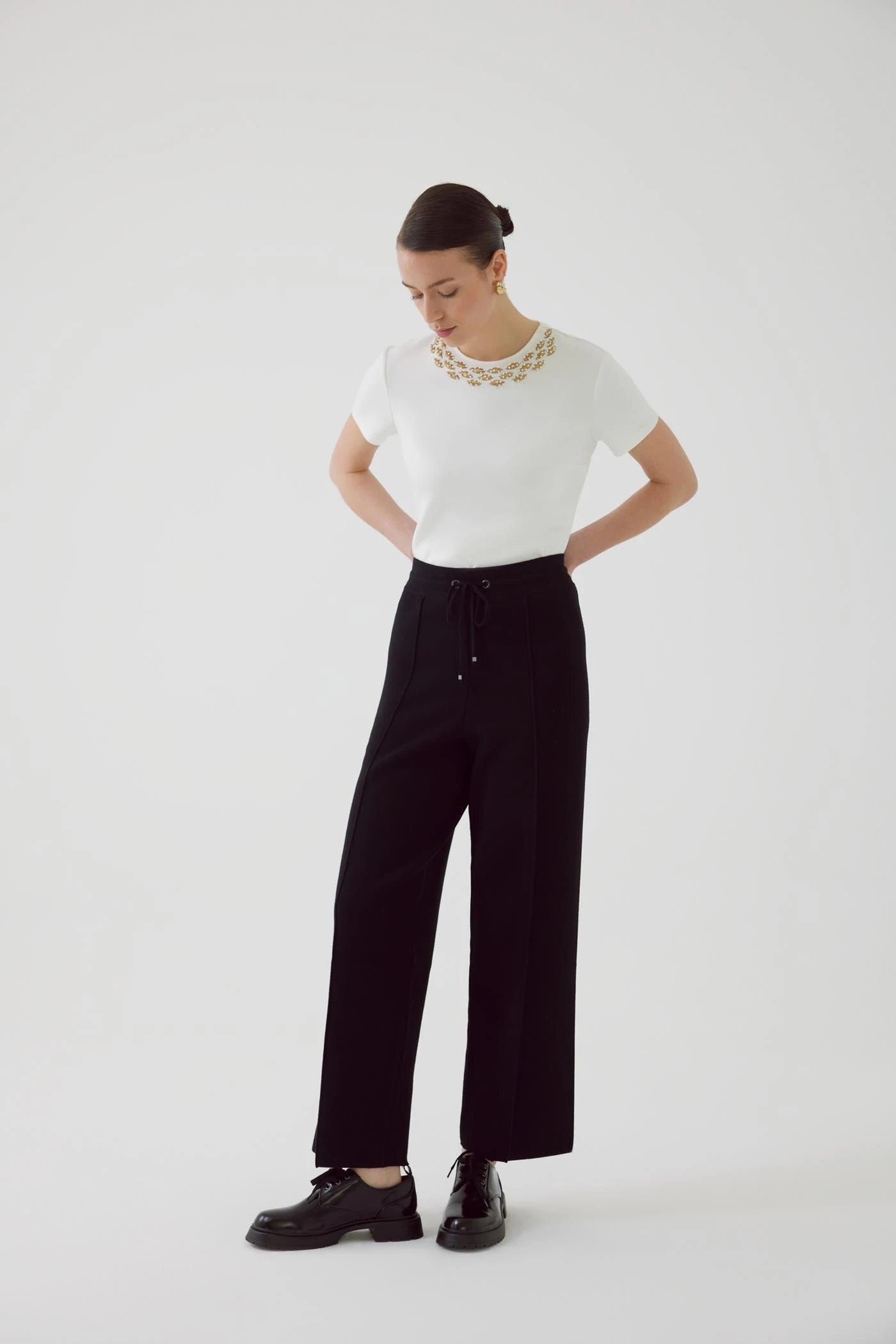 black knit wide leg lounge pants with drawstring waist