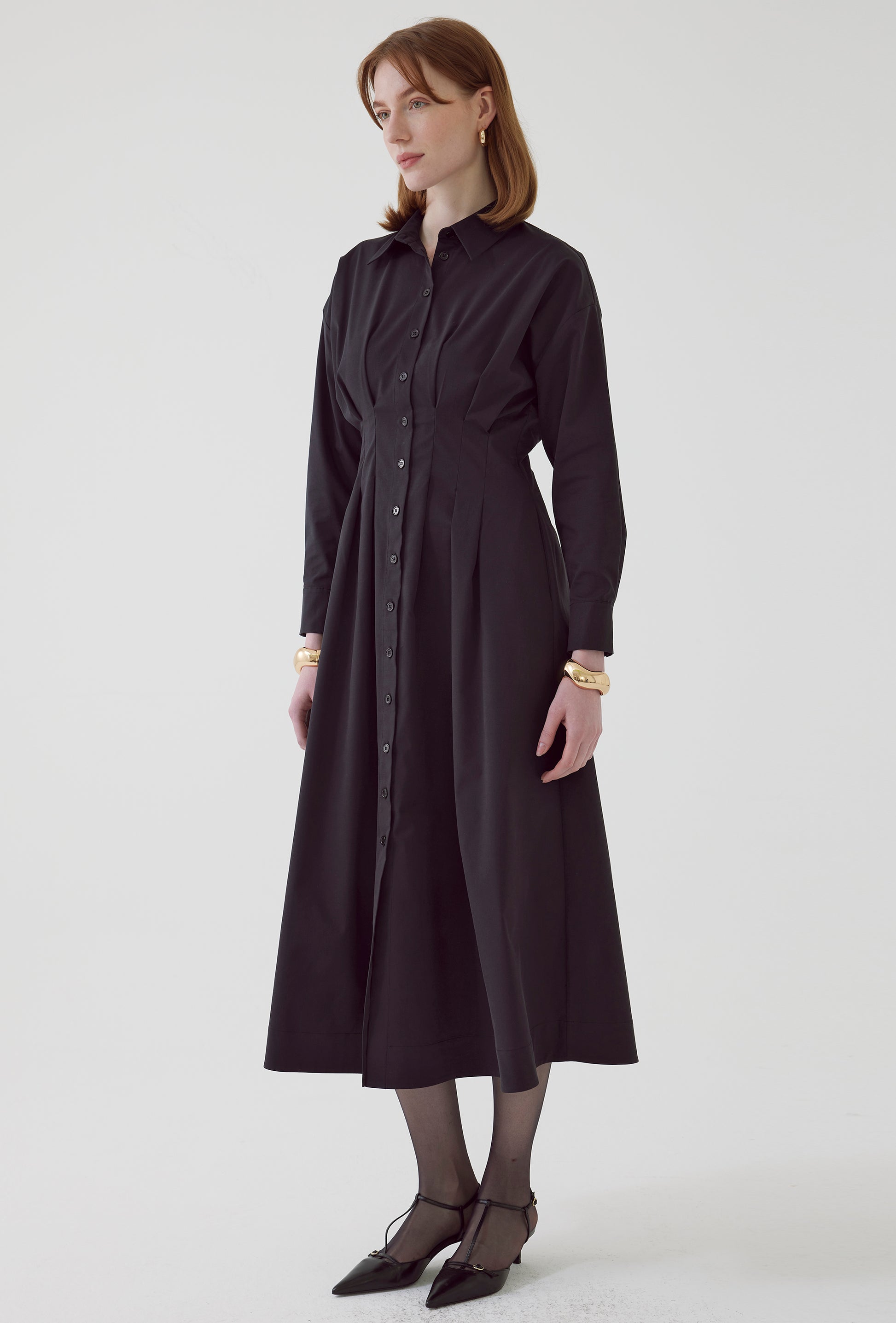 black long sleeve midi dress button down with pleated waist