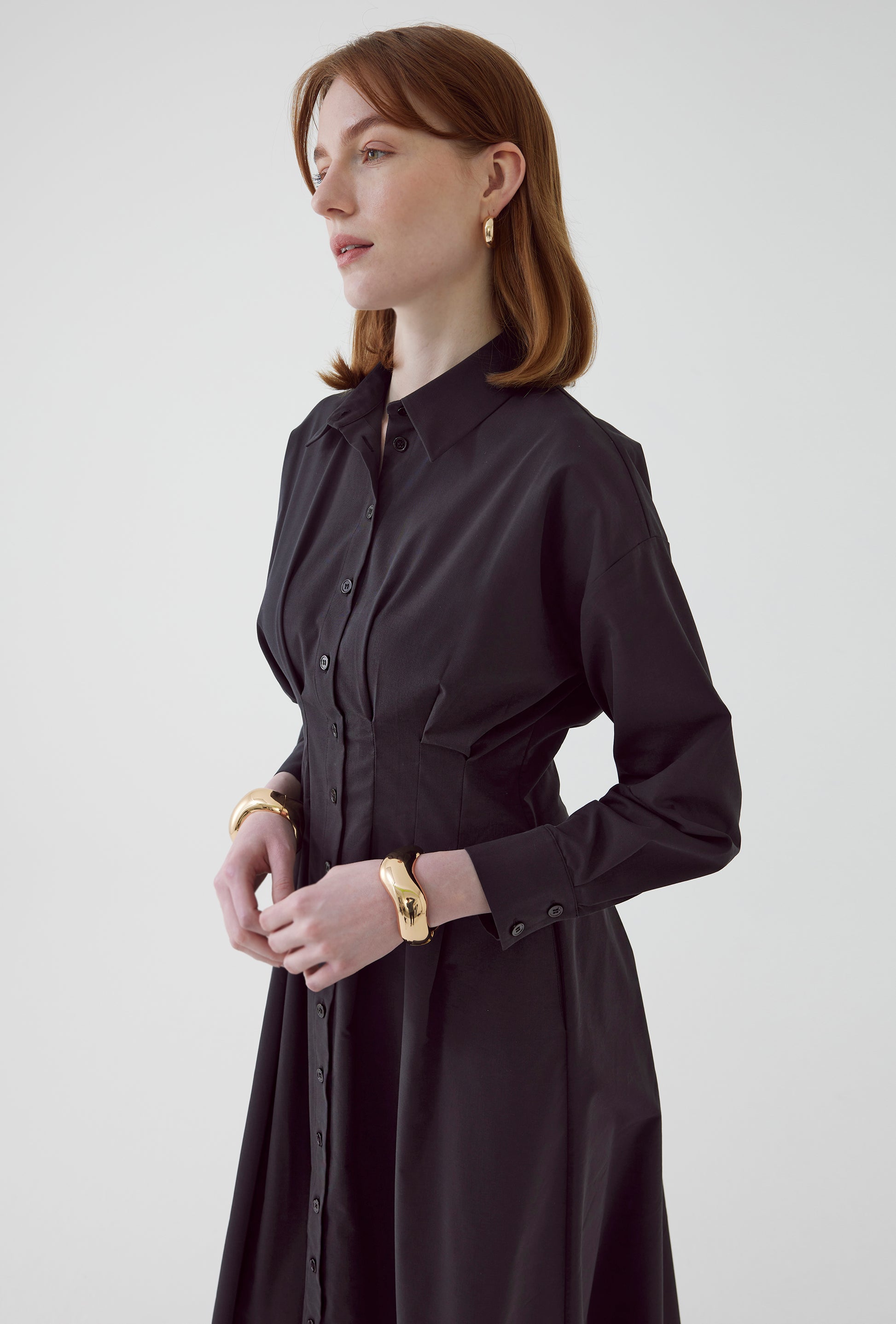 black long sleeve midi dress button down with pleated waist