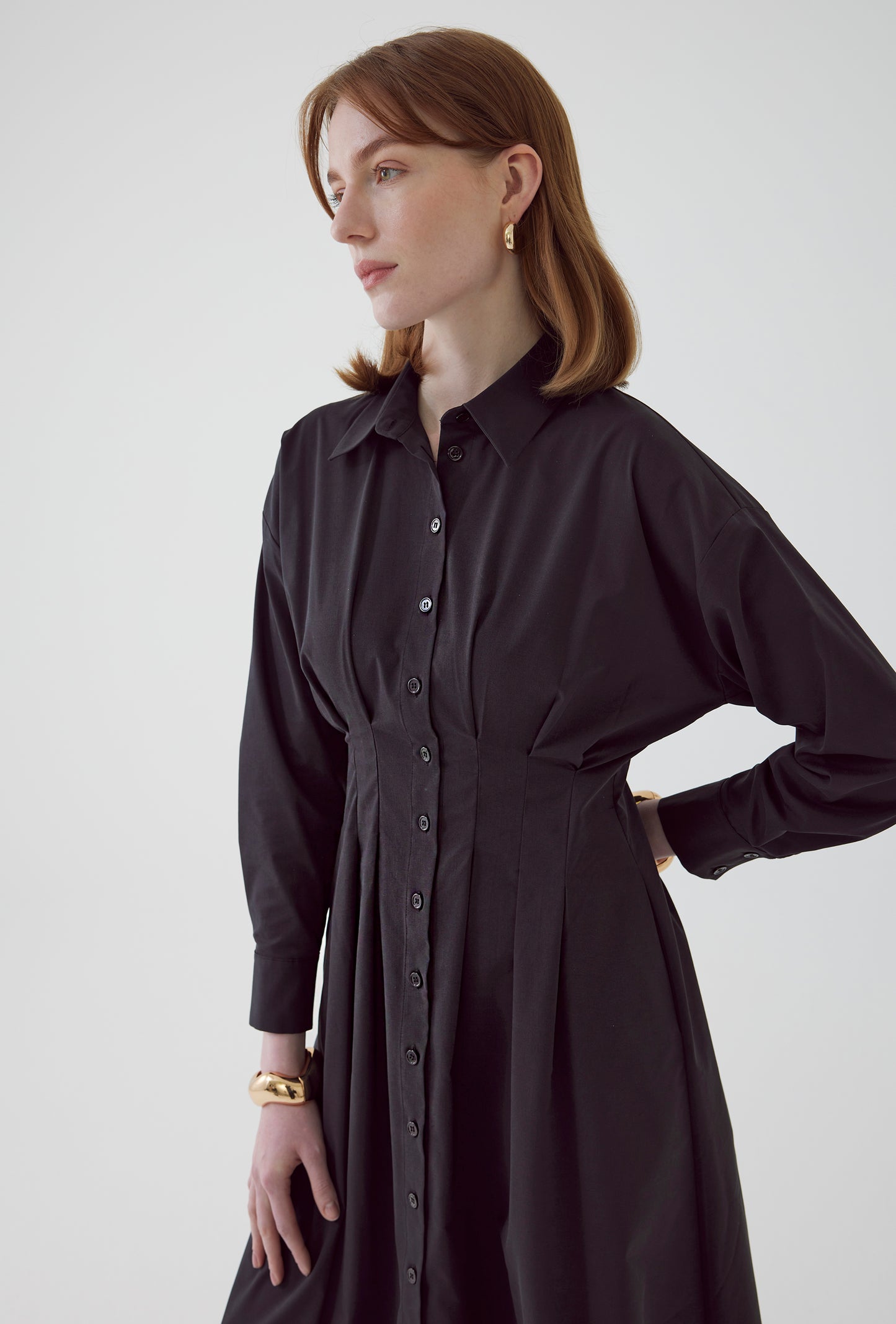 black long sleeve midi dress button down with pleated waist