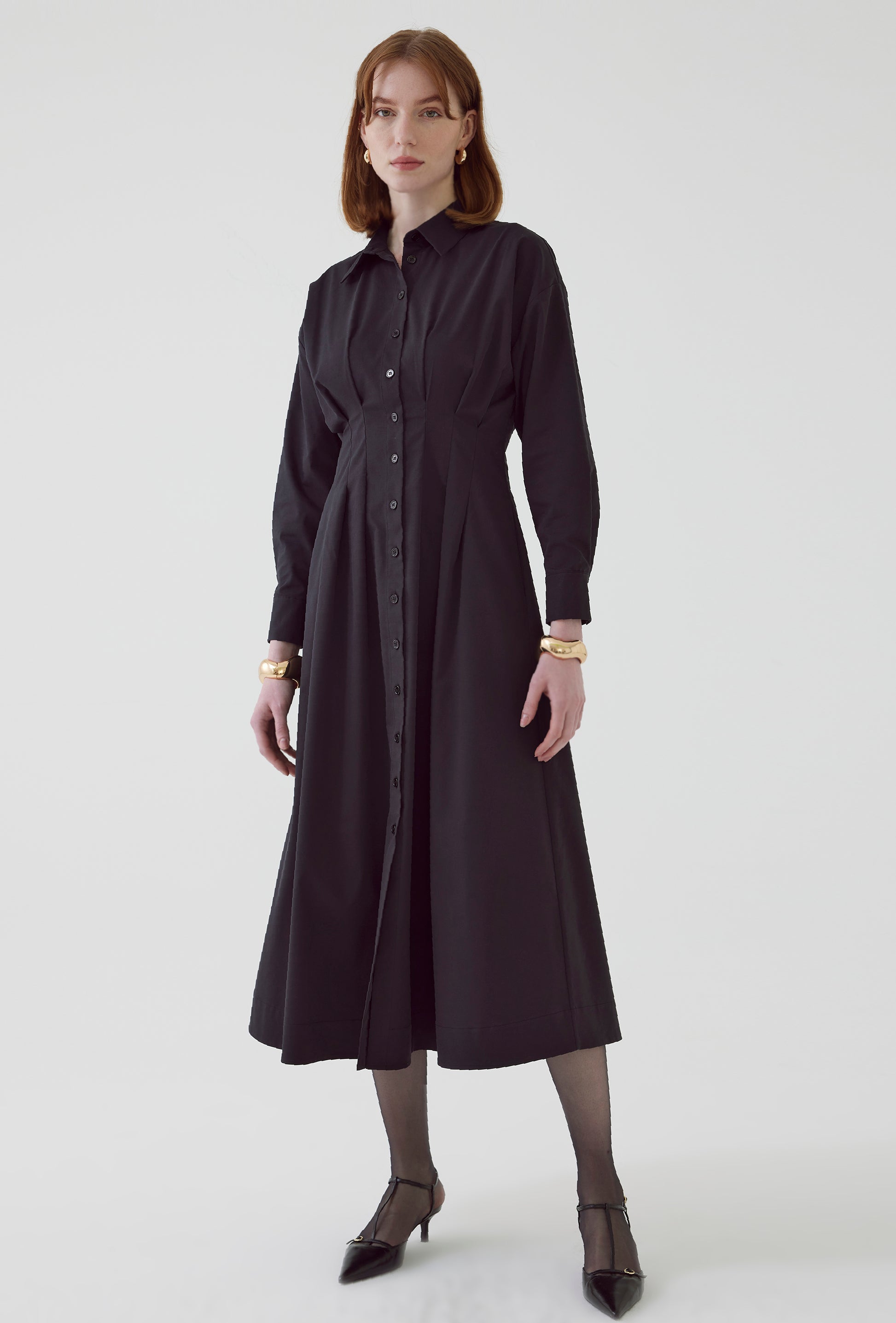 black long sleeve midi dress button down with pleated waist