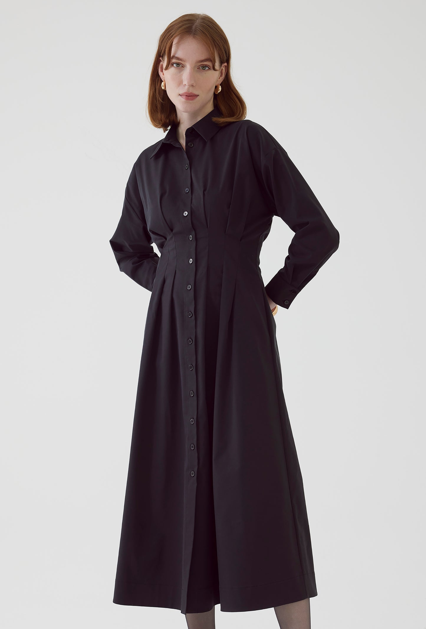 black long sleeve midi dress button down with pleated waist