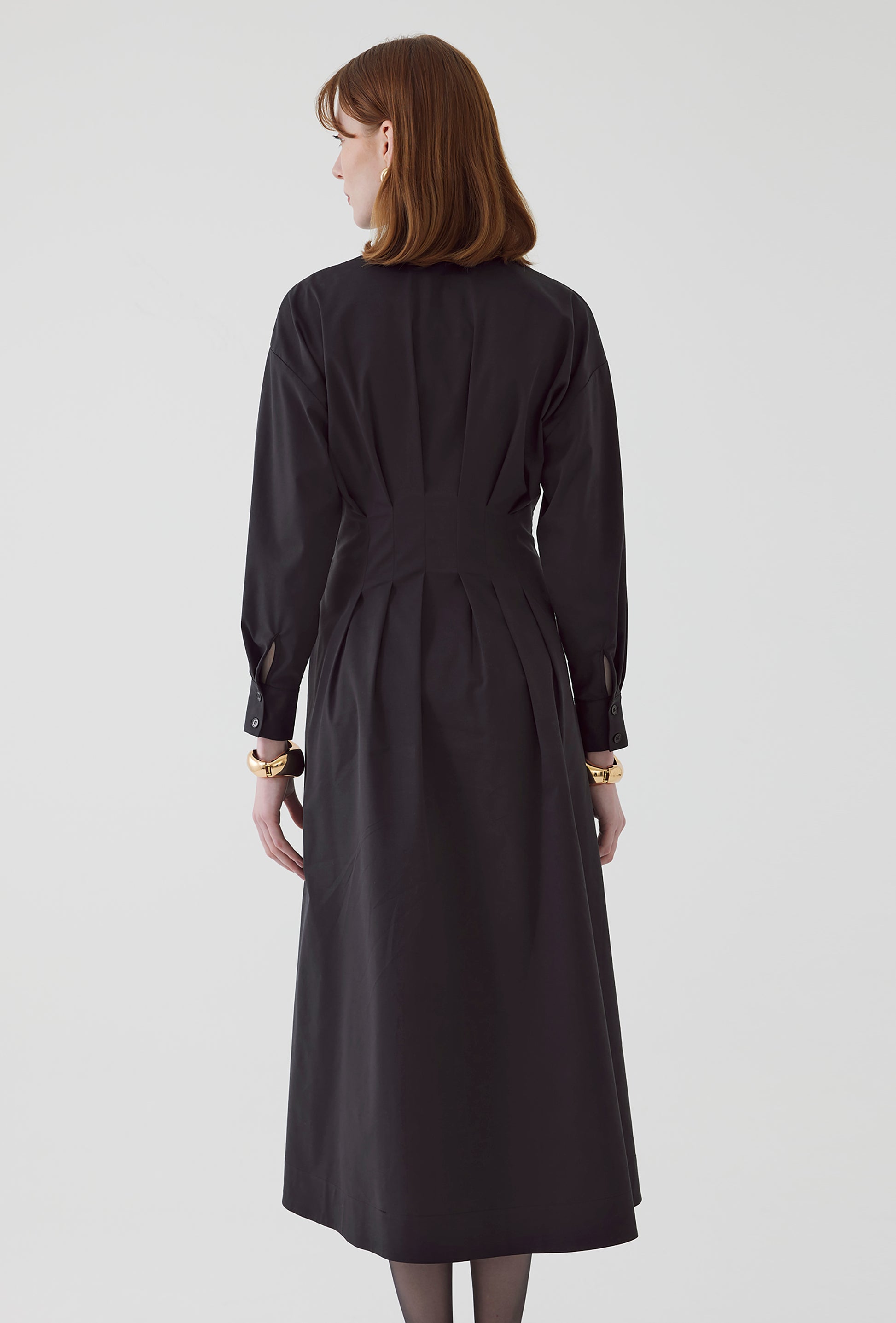 black long sleeve midi dress button down with pleated waist