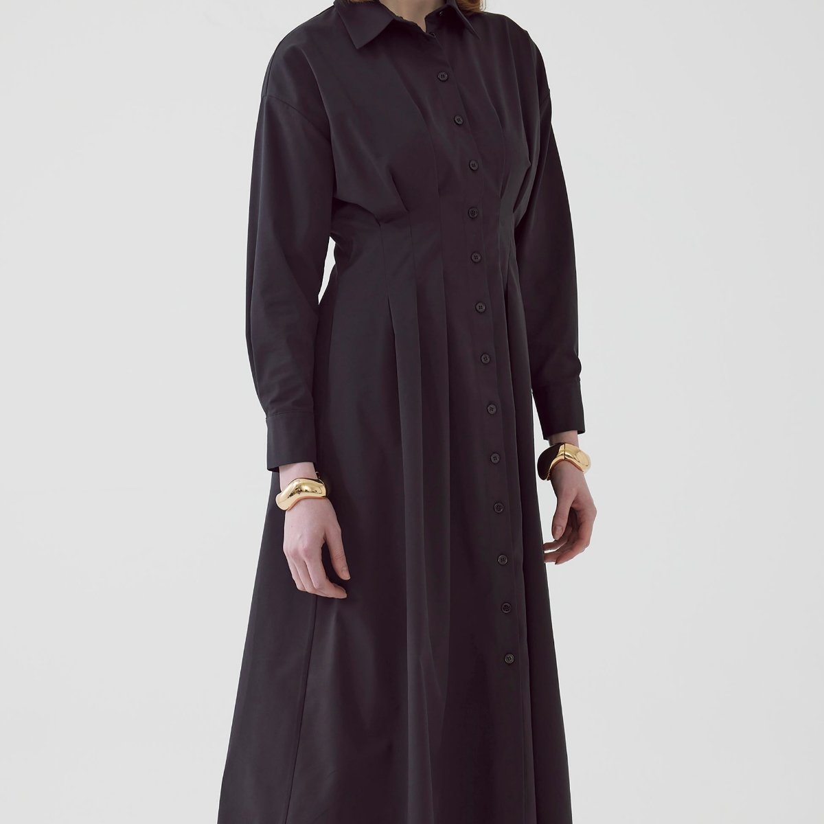 black long sleeve midi dress button down with pleated waist