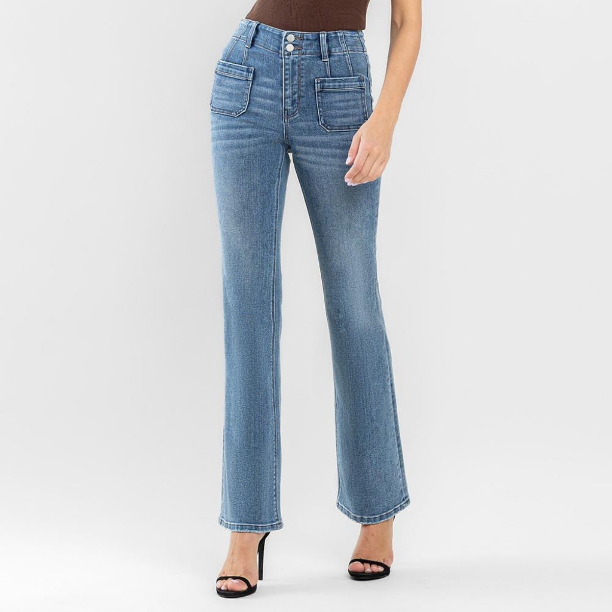 high rise denim with front pockets and flare leg