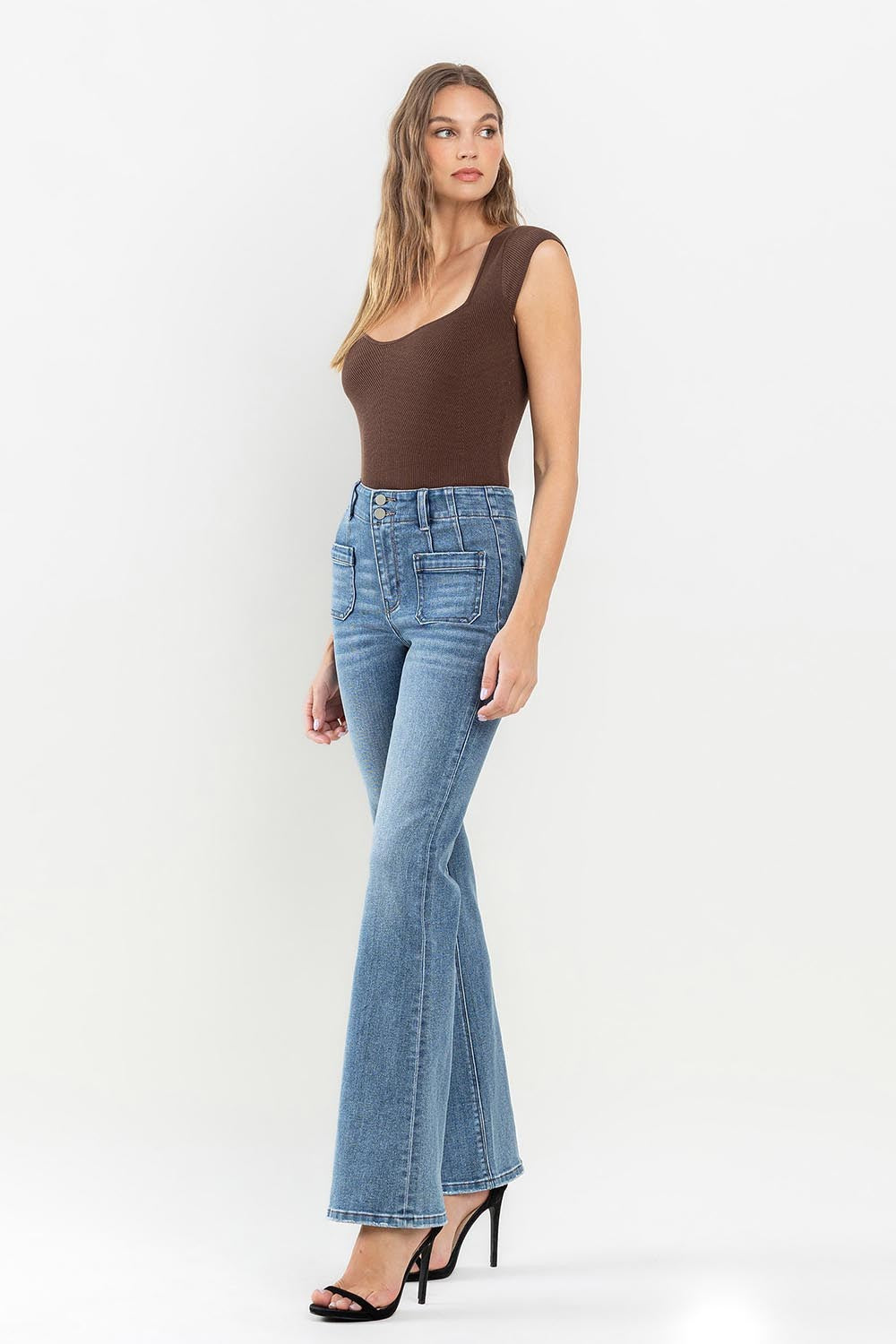 high rise denim with front pockets and flare leg