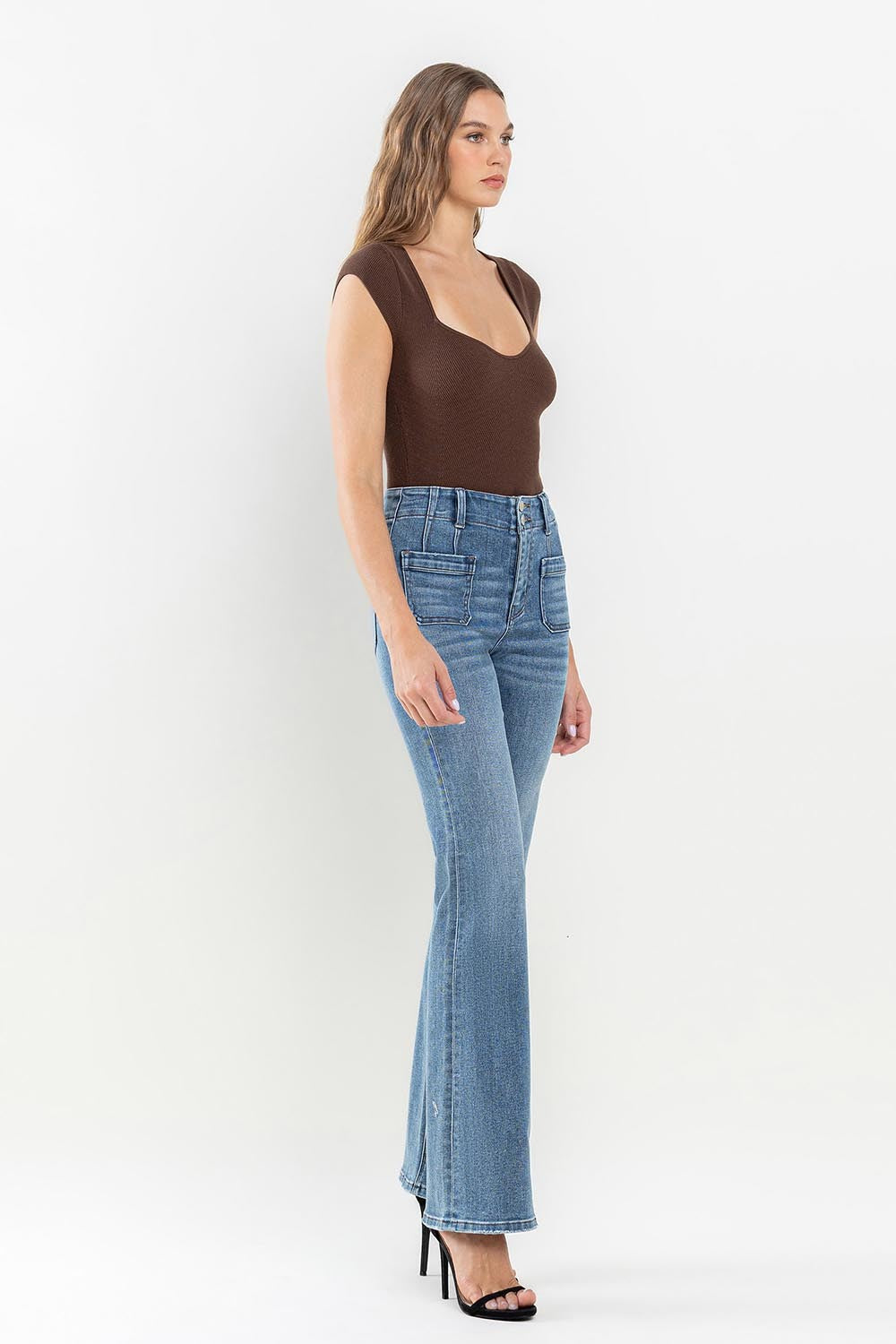 high rise denim with front pockets and flare leg