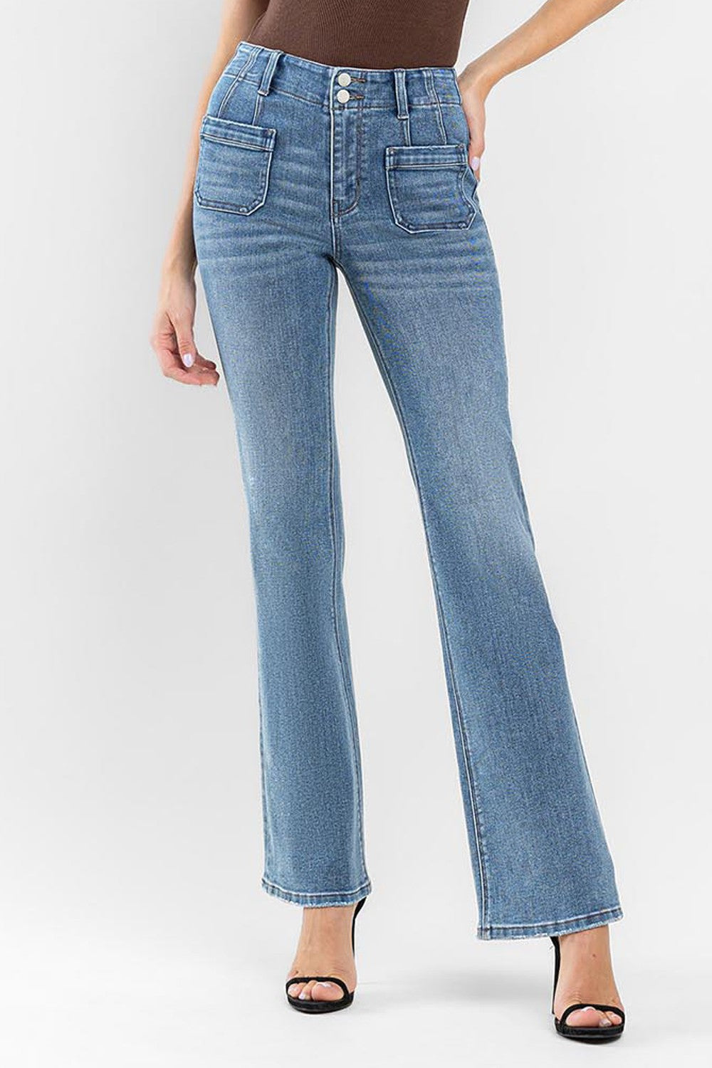 high rise denim with front pockets and flare leg