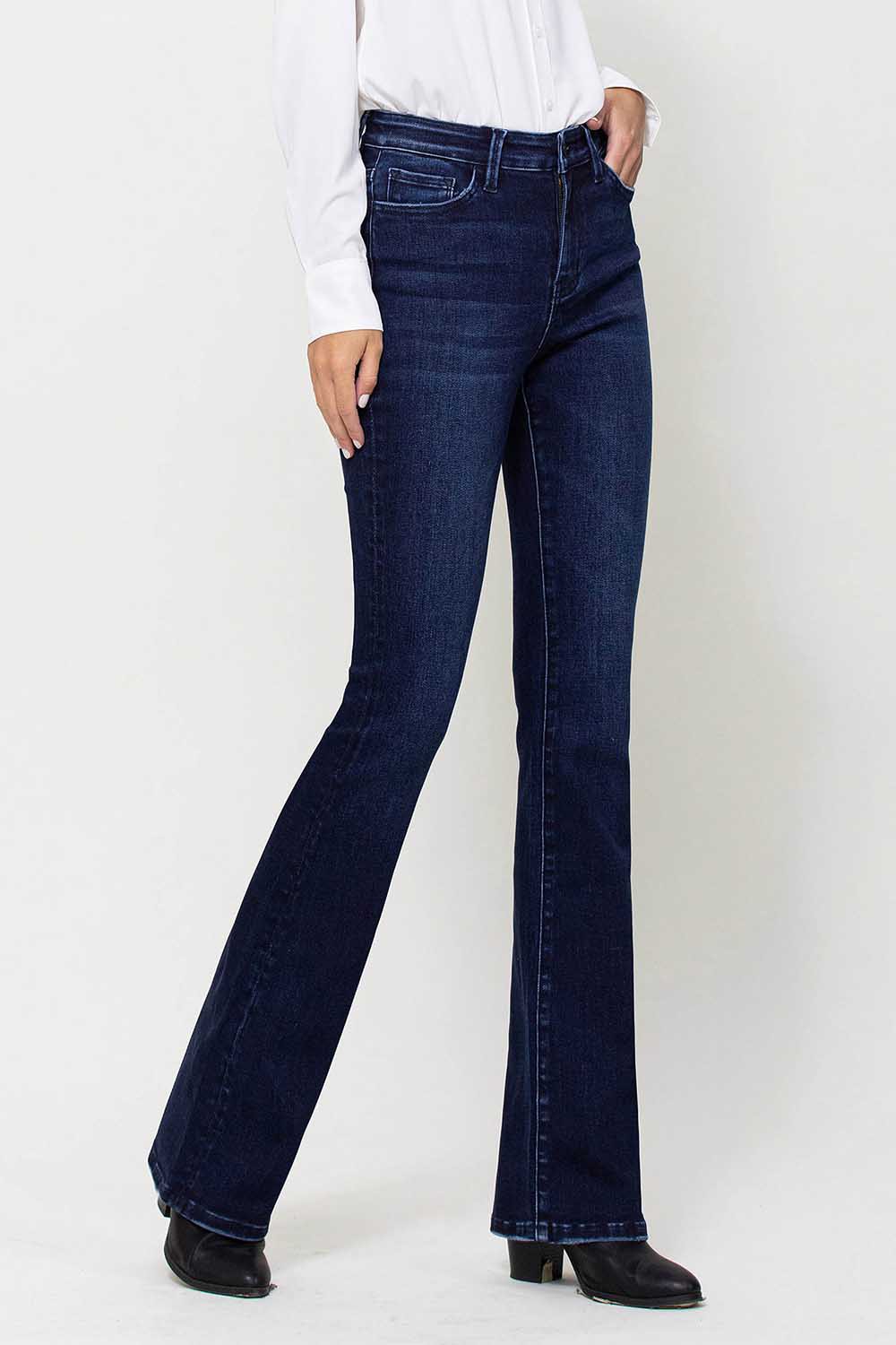 dark blue high rise denim wide leg jeans