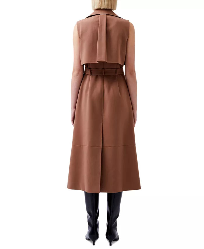 brown double-breasted belted sleeveless trench midi dress