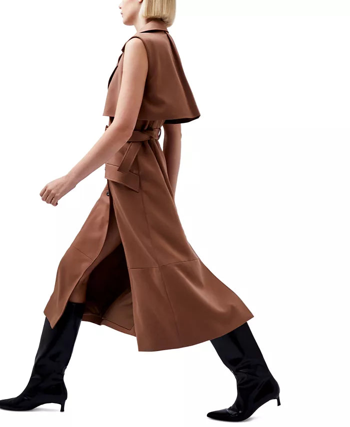 brown double-breasted belted sleeveless trench midi dress