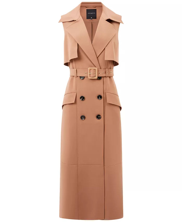 brown double-breasted belted sleeveless trench midi dress