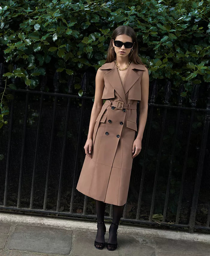 brown double-breasted belted sleeveless trench midi dress