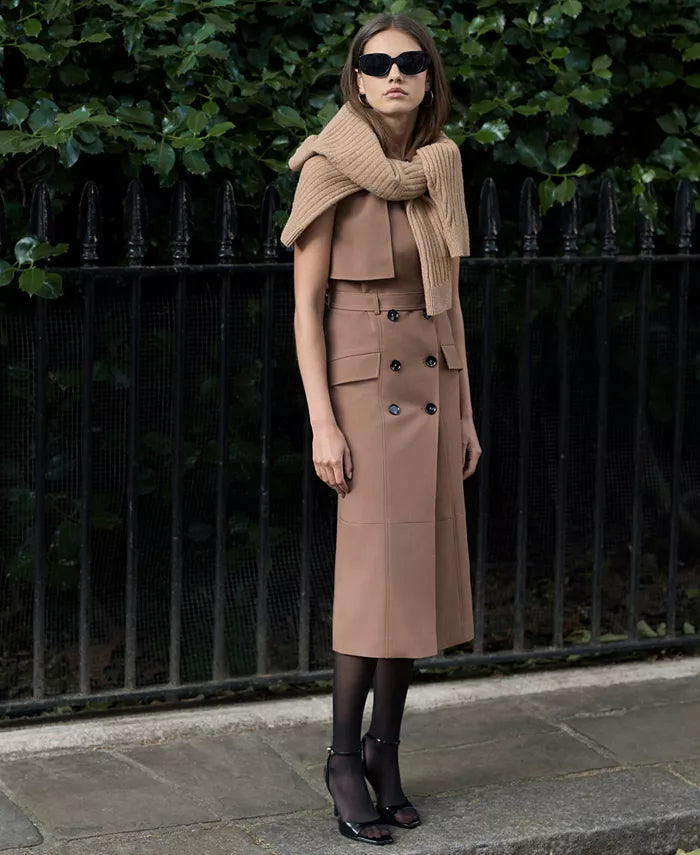 brown double-breasted belted sleeveless trench midi dress