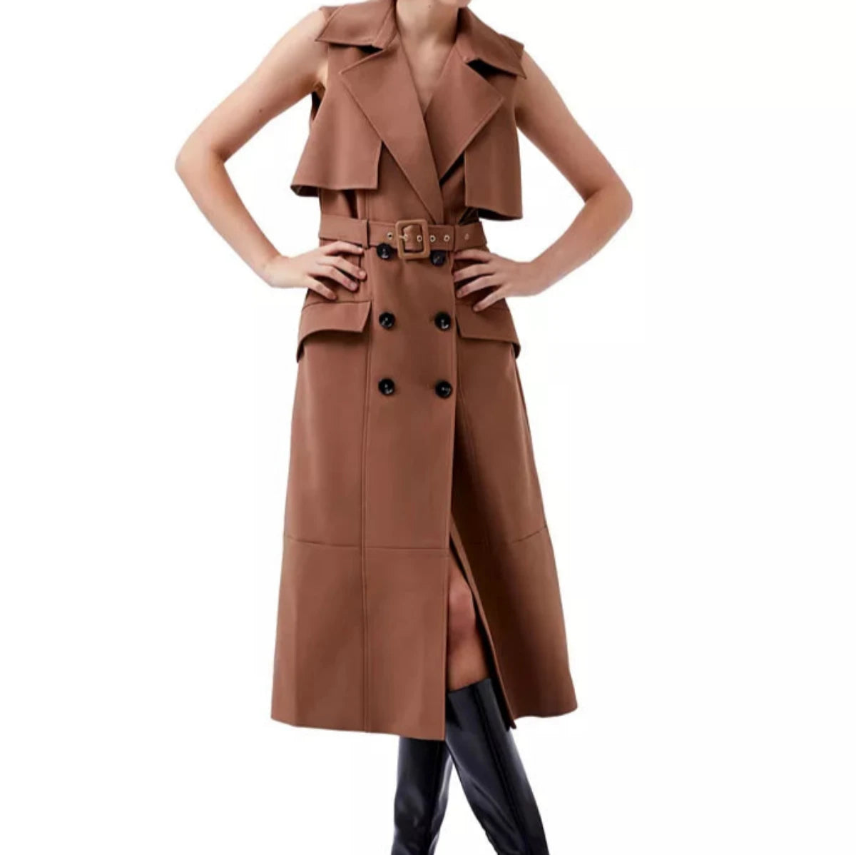 brown double-breasted belted sleeveless trench midi dress