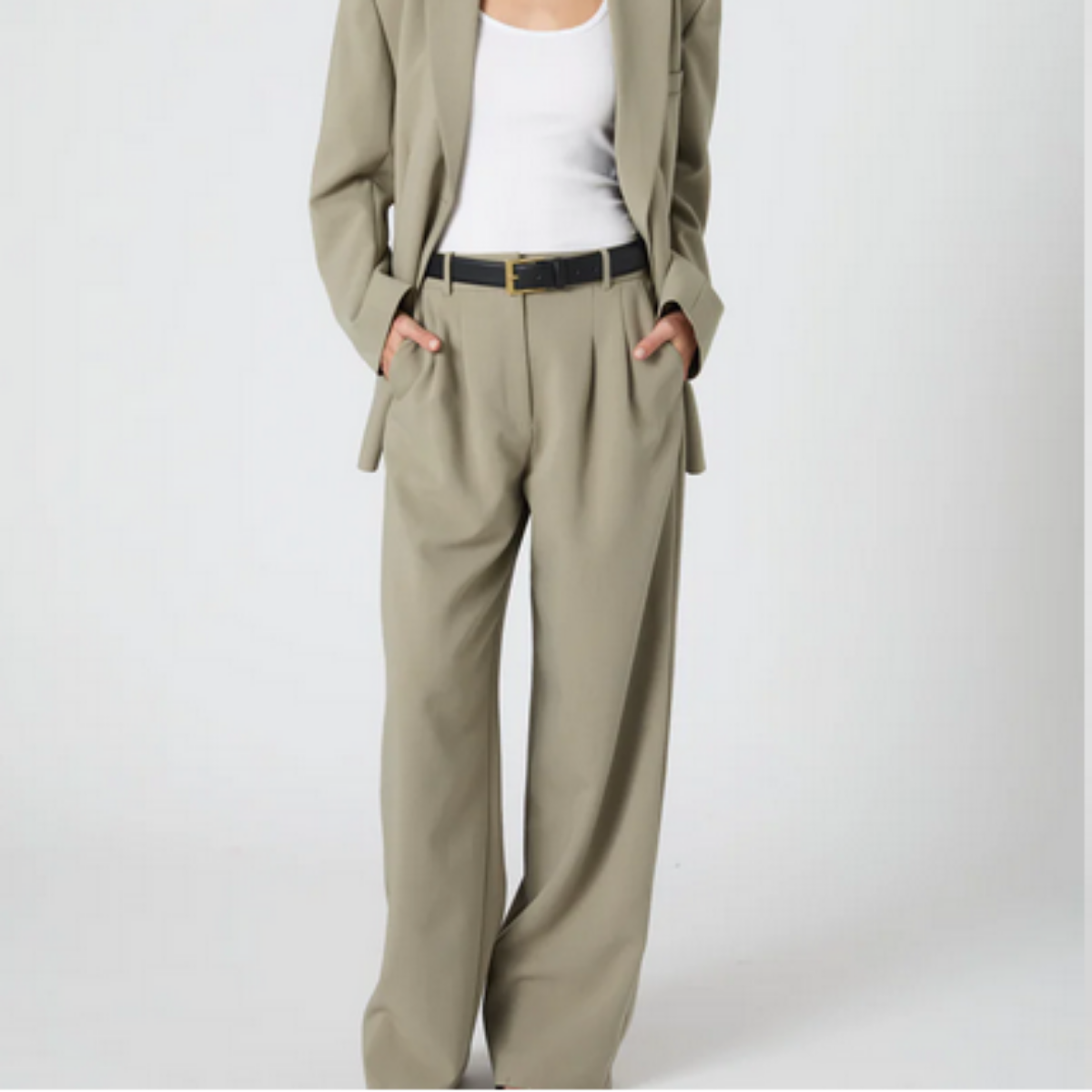 light olive green pleated wide leg slacks