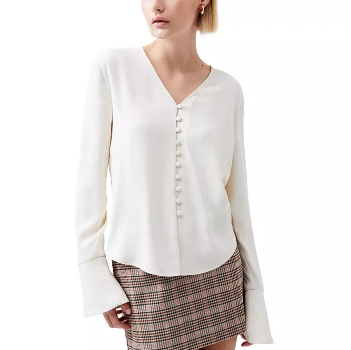 button down vneck ivory blouse with bell sleeves