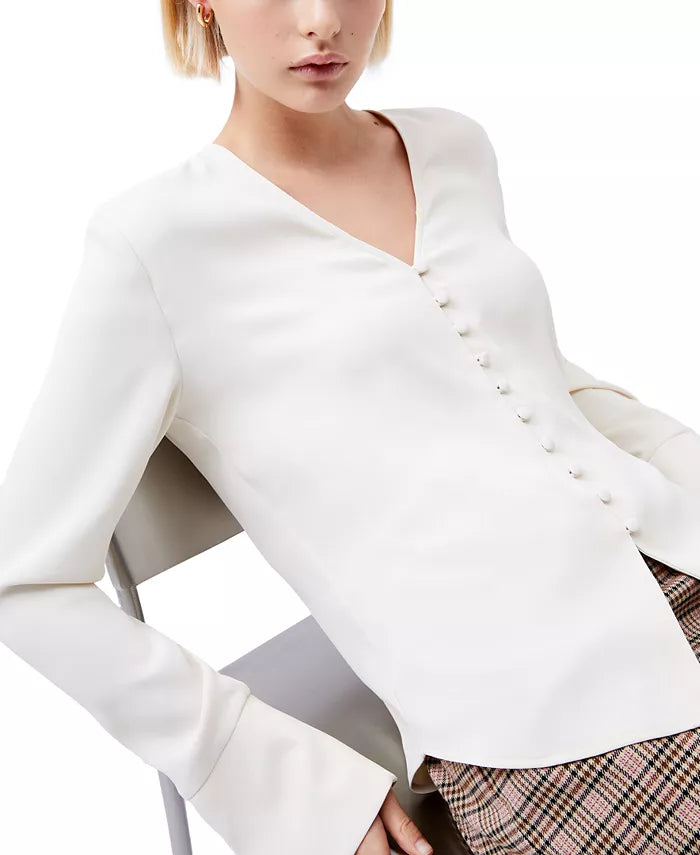 button down vneck ivory blouse with bell sleeves