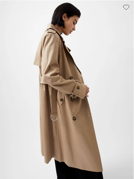 beige double-breasted trench coat with black stripe down the back