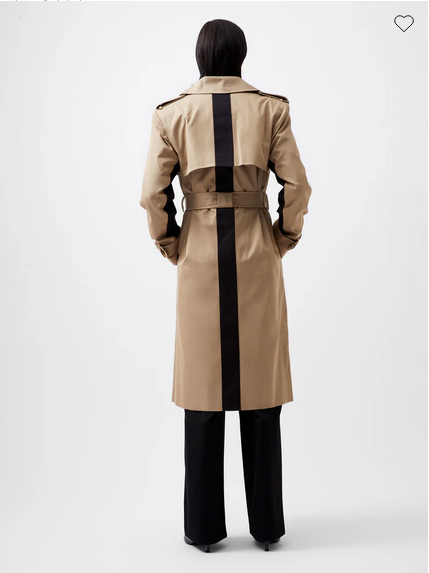 beige double-breasted trench coat with black stripe down the back