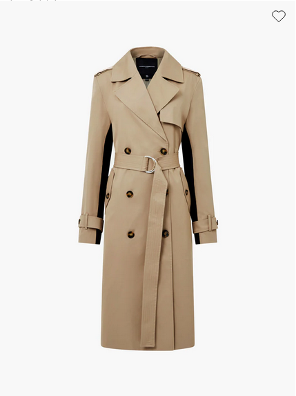 beige double-breasted trench coat with black stripe down the back