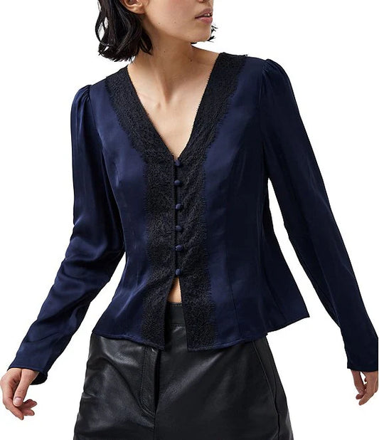 Ennis Satin V Neck Long Sleeve Lace Button Front Blouse | Marine Navy with Black Lace | French Connection