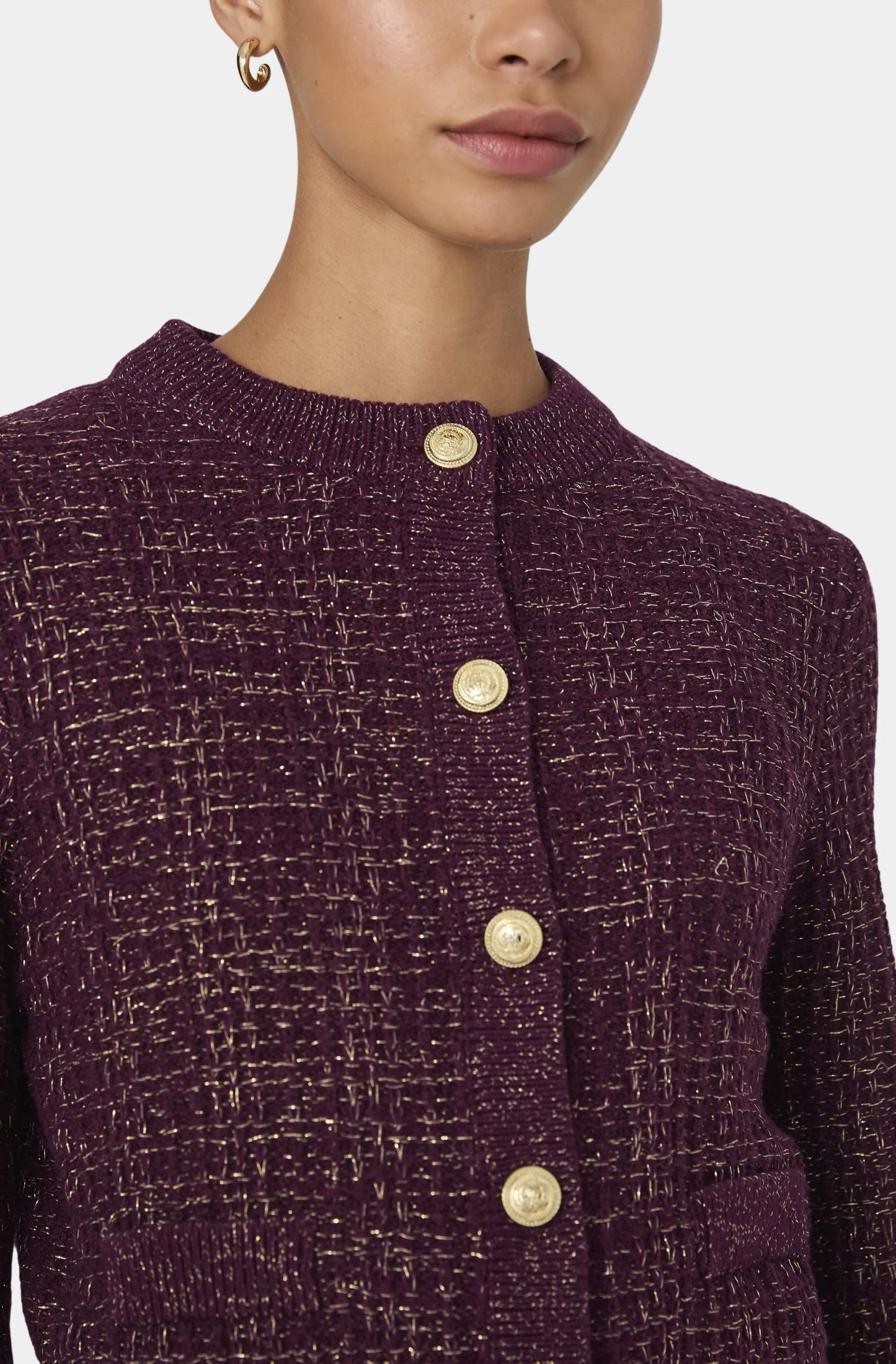 burgundy heavy cardigan with gold buttons and gold threading