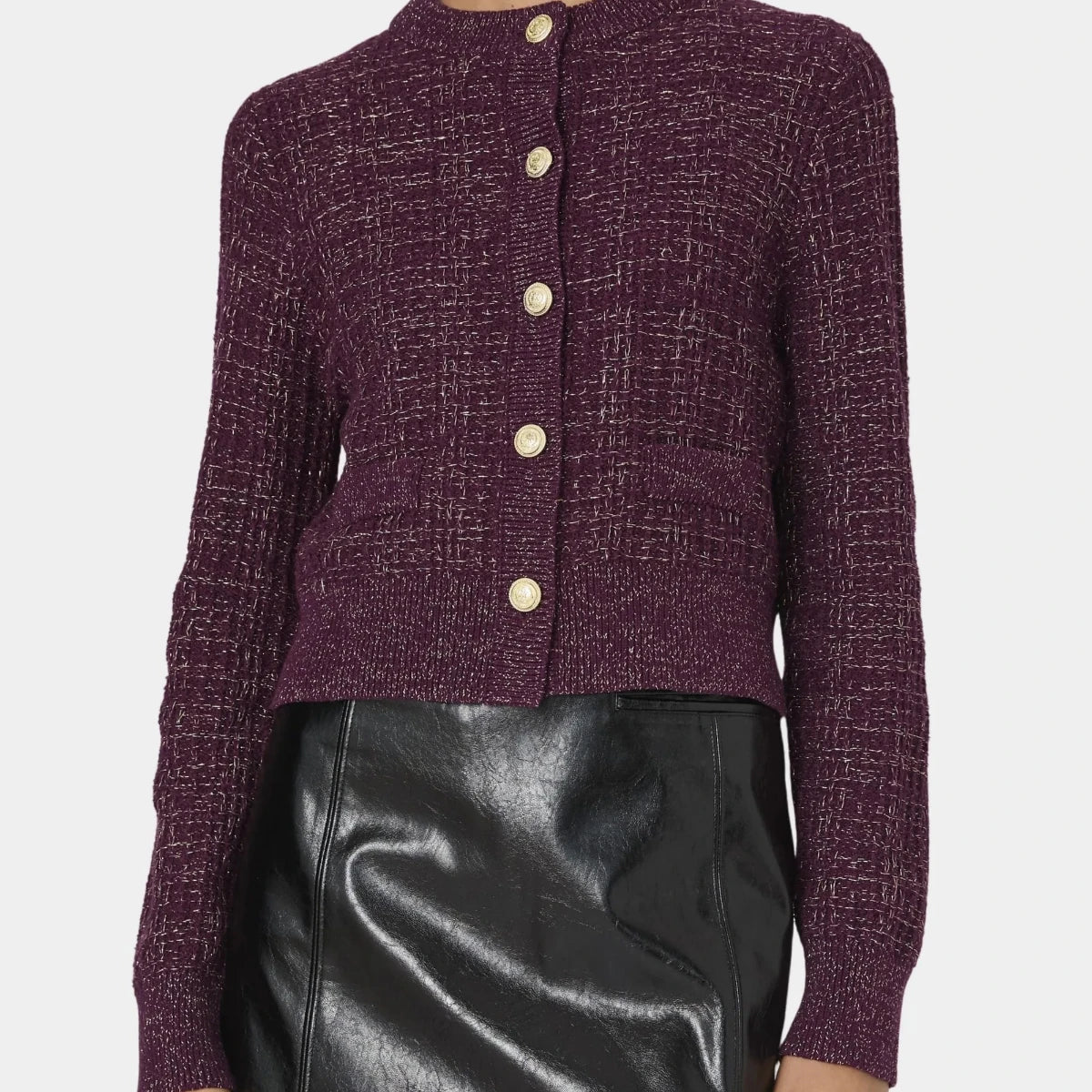 burgundy heavy cardigan with gold buttons and gold threading