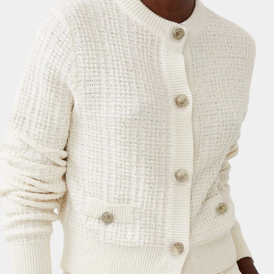 cream ivory heavy knit cardigan with gold buttons and threading