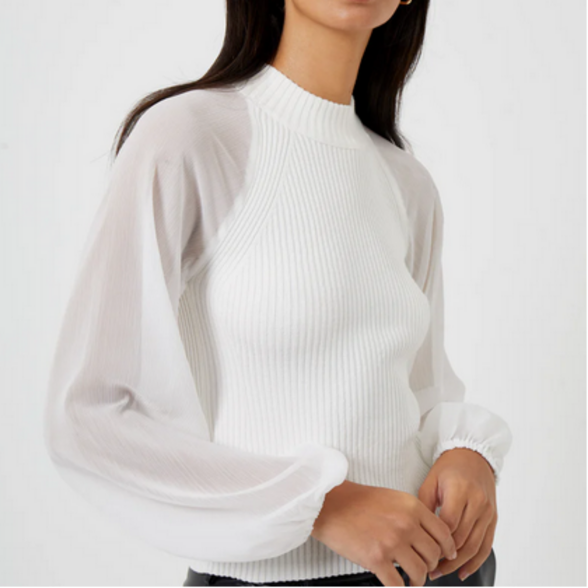 gauzy long sleeve white ribbed high neck top