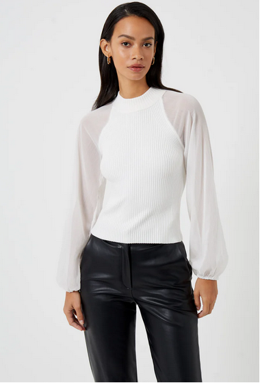 gauzy long sleeve white ribbed high neck top