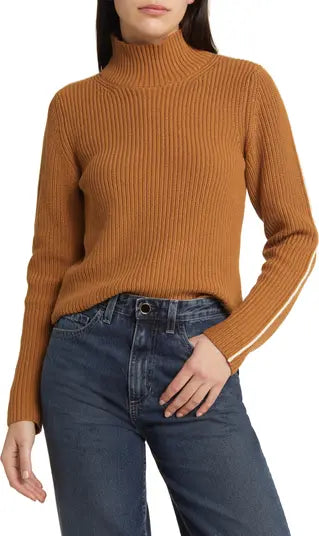 brown high mock neck knit sweater with ivory piping on the sleeves