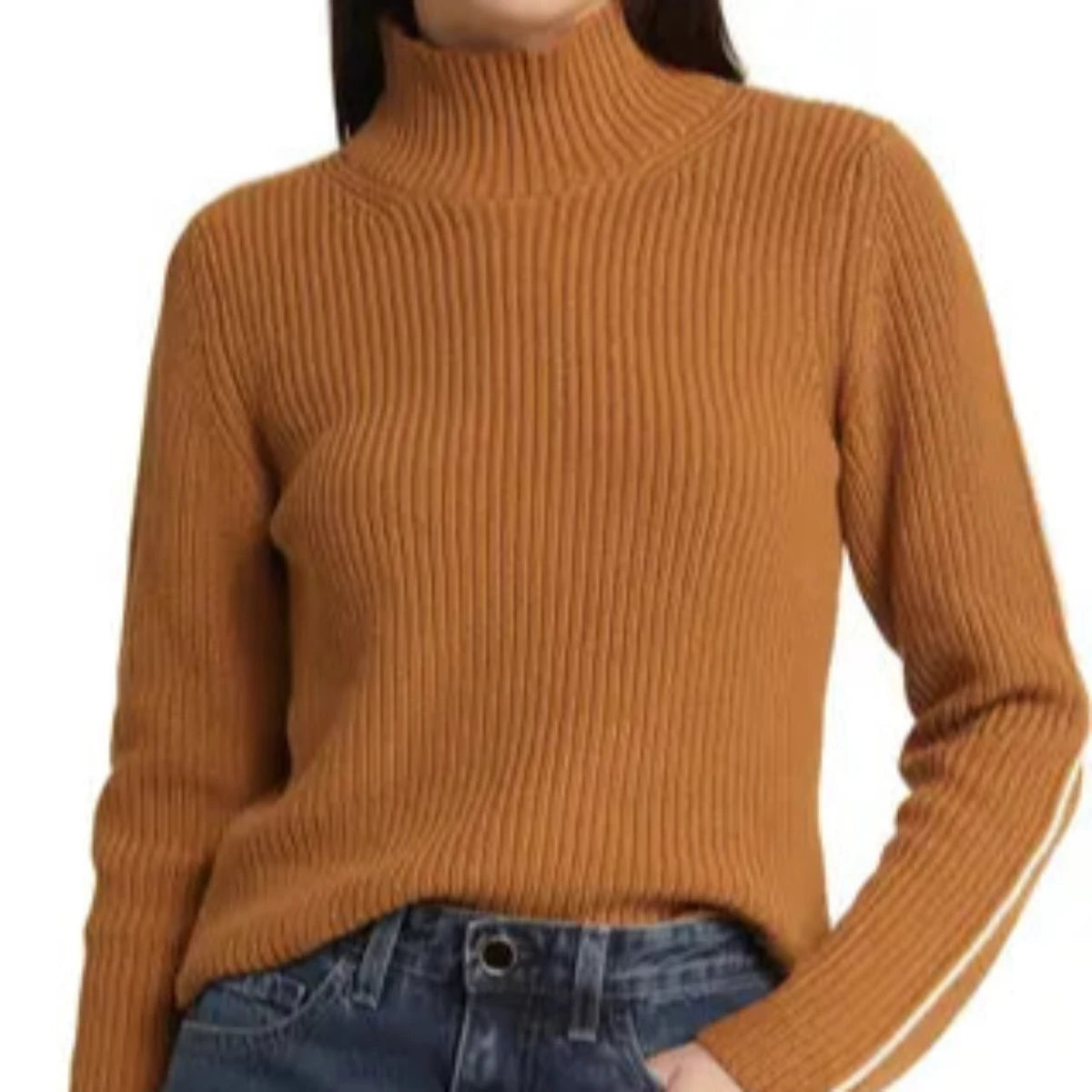 brown high mock neck knit sweater with ivory piping on the sleeves