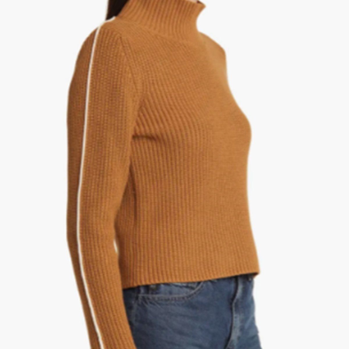 brown high mock neck knit sweater with ivory piping on the sleeves