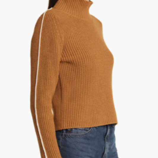 brown high mock neck knit sweater with ivory piping on the sleeves