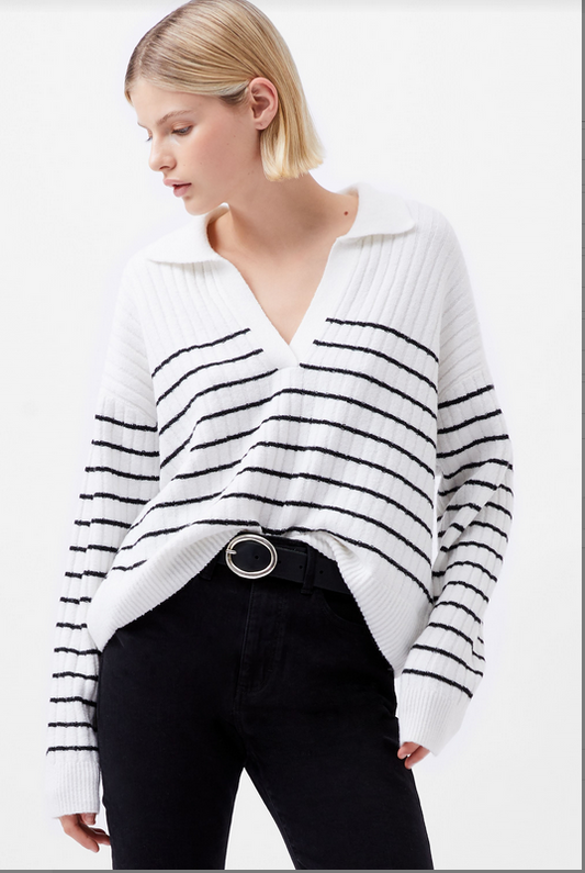 Vhari Collar Long Sleeve Stripe Jumper | VNeck Sweater | Winter White Black | French Connection