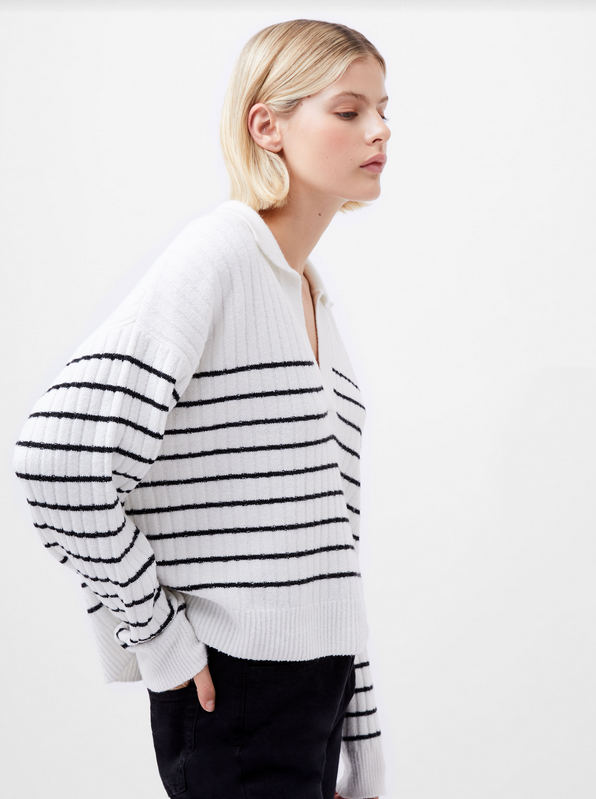 Vhari Collar Long Sleeve Stripe Jumper | VNeck Sweater | Winter White Black | French Connection