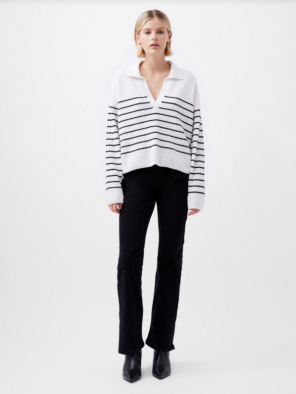 Vhari Collar Long Sleeve Stripe Jumper | VNeck Sweater | Winter White Black | French Connection