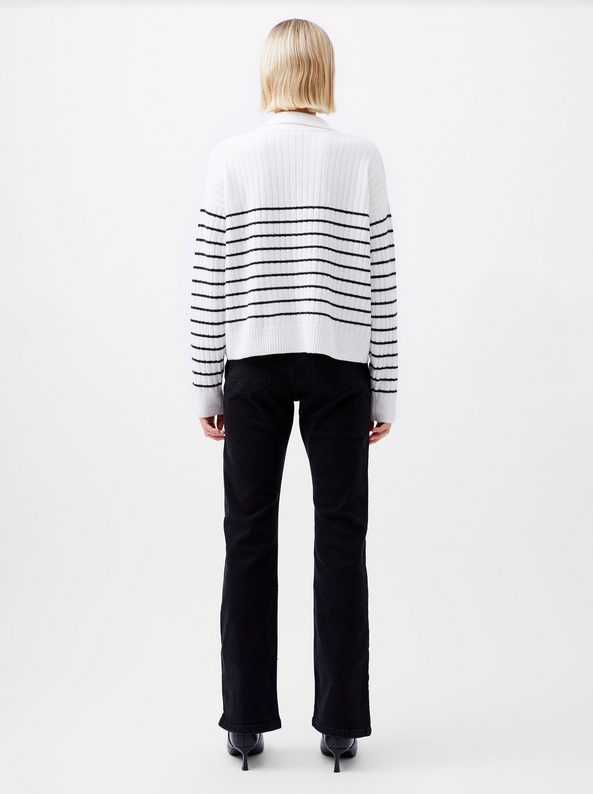 Vhari Collar Long Sleeve Stripe Jumper | VNeck Sweater | Winter White Black | French Connection