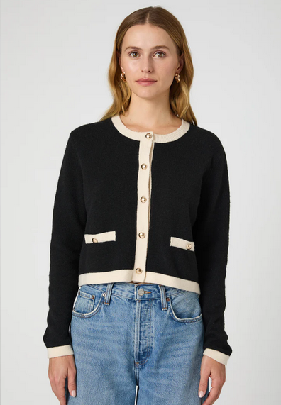 Vhari Contrast Cardigan | Colorblock Button Down Sweater | Black Classic Cream | French Connection