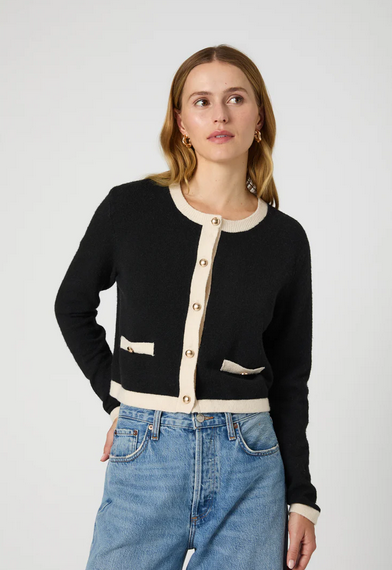 Vhari Contrast Cardigan | Colorblock Button Down Sweater | Black Classic Cream | French Connection