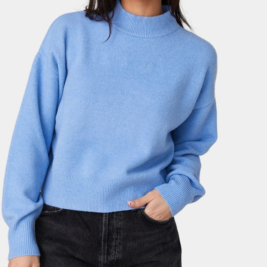 powder blue knit mock crew neck long sleeve pullover sweater