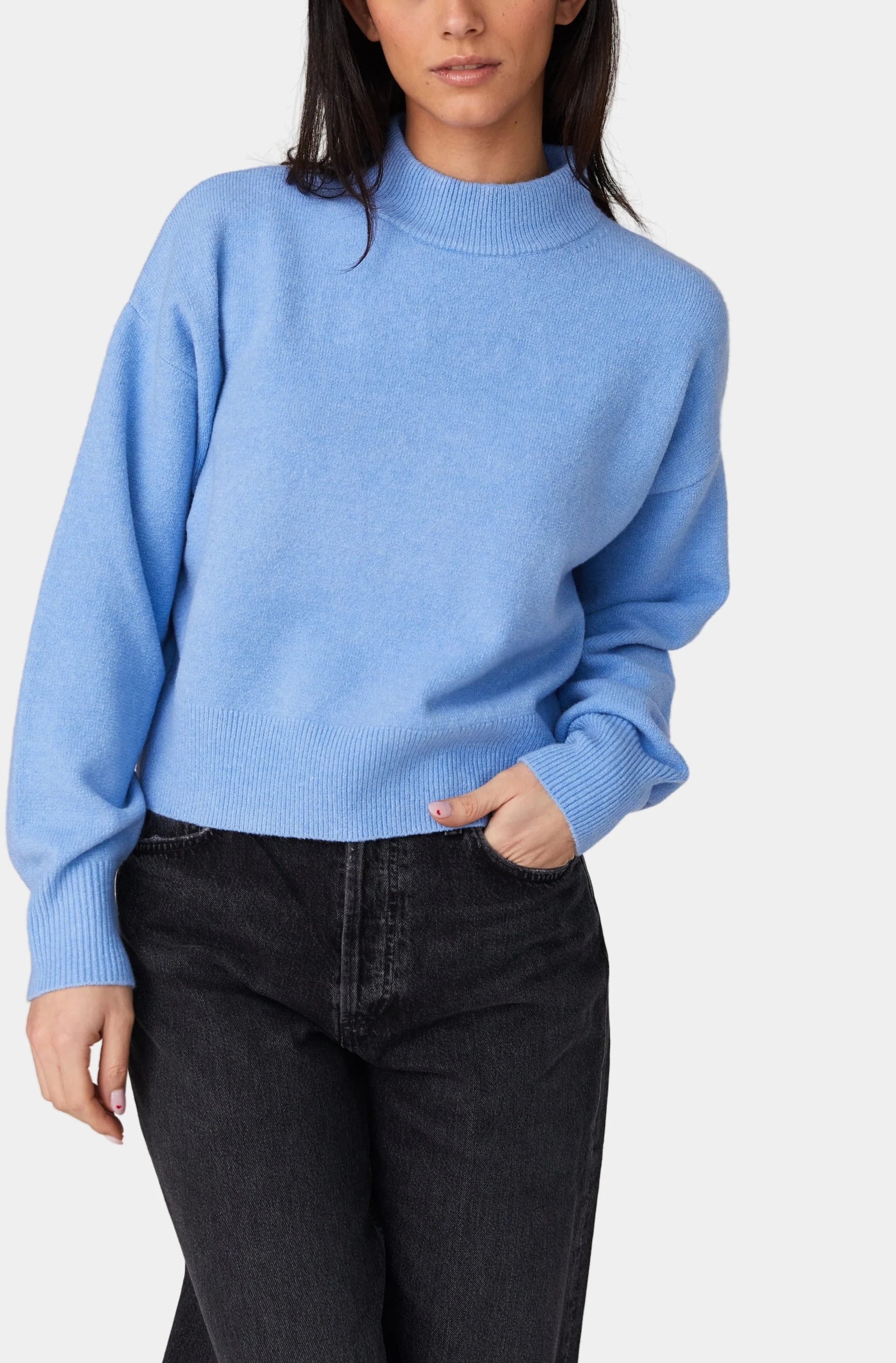 powder blue knit mock crew neck long sleeve pullover sweater