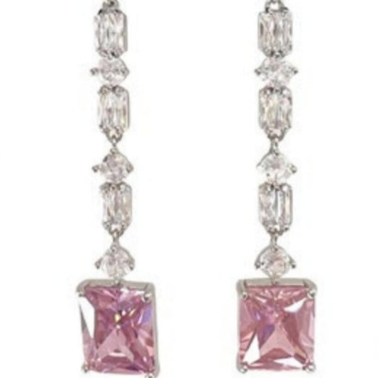 prom earrings silver dangle with pink gem